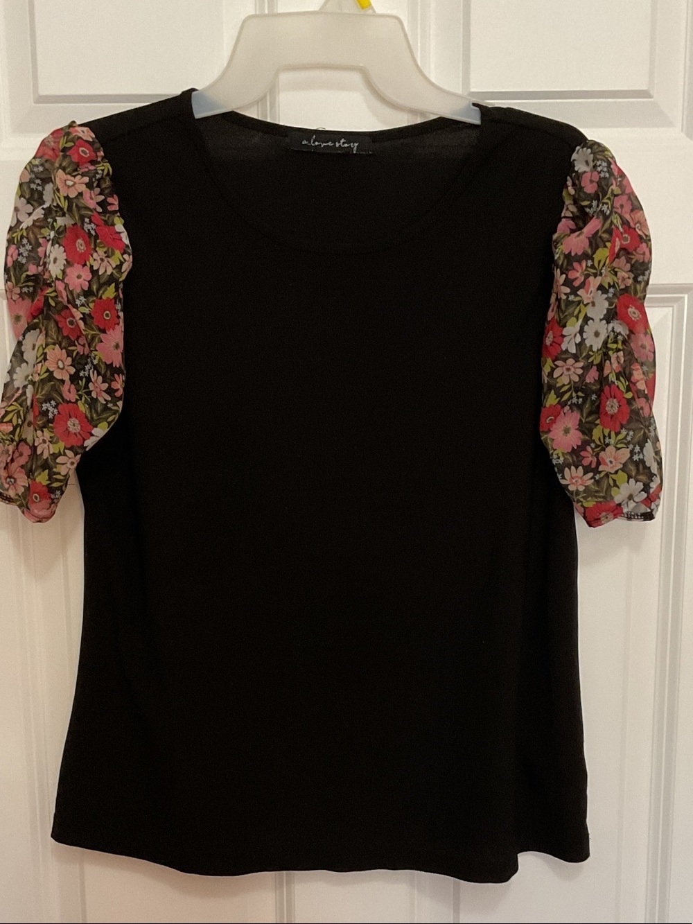 A.L.C. Story Black Tee with Pink Floral Puff Sleeves